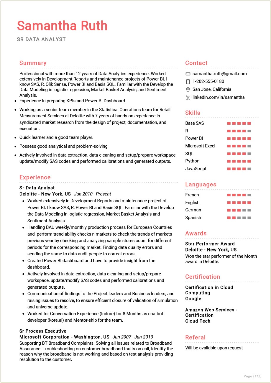 1 Page Resume Template Of A Technology Analyst