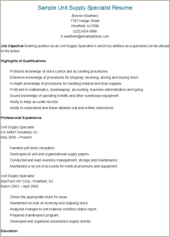 92y Mos Job Description For Resume