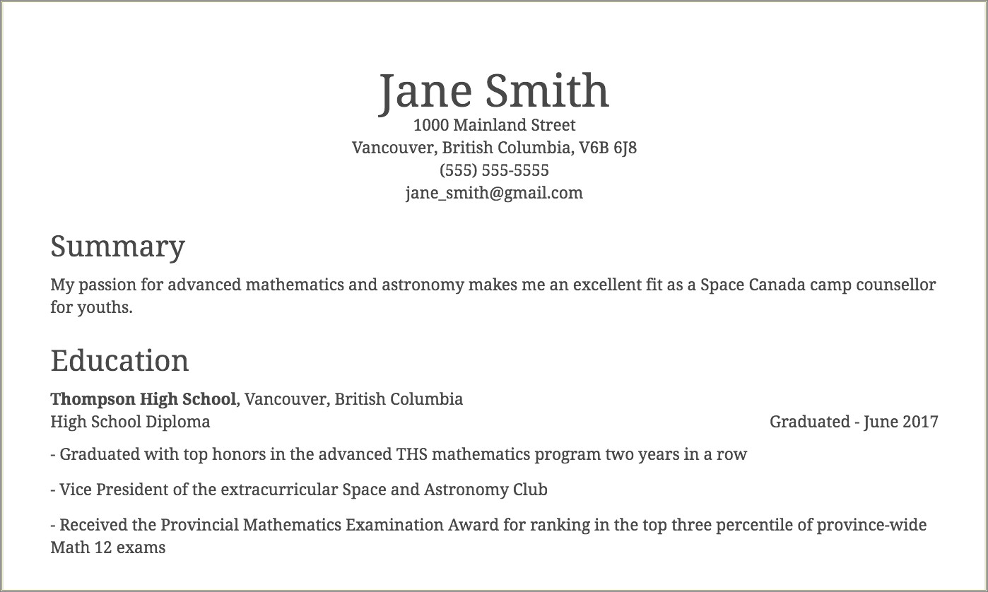 Accomplishments In Resume For High School