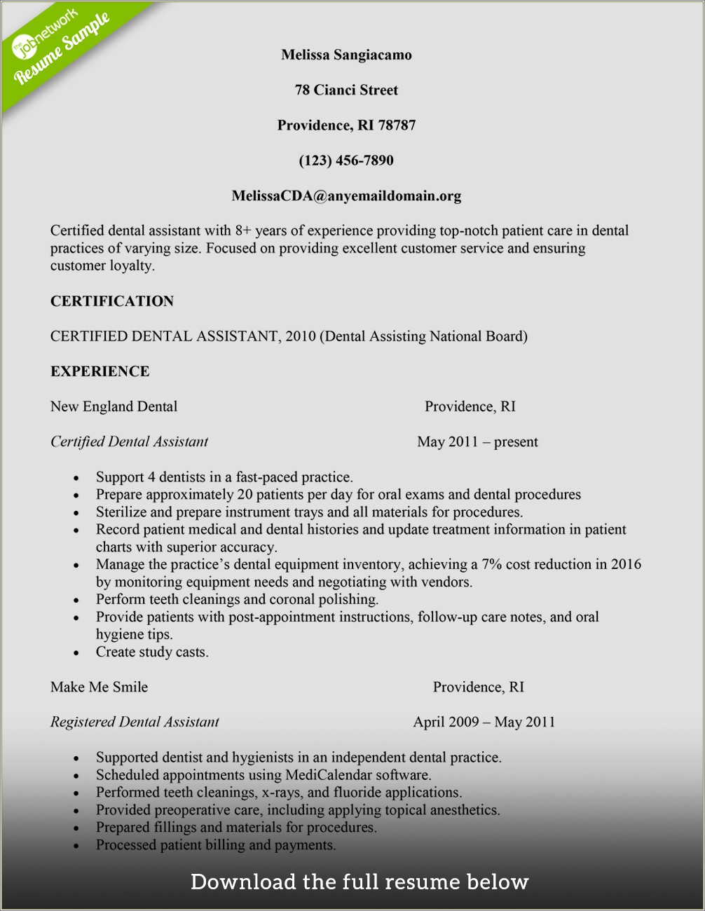 An Example Of A Dental Assistant Resume