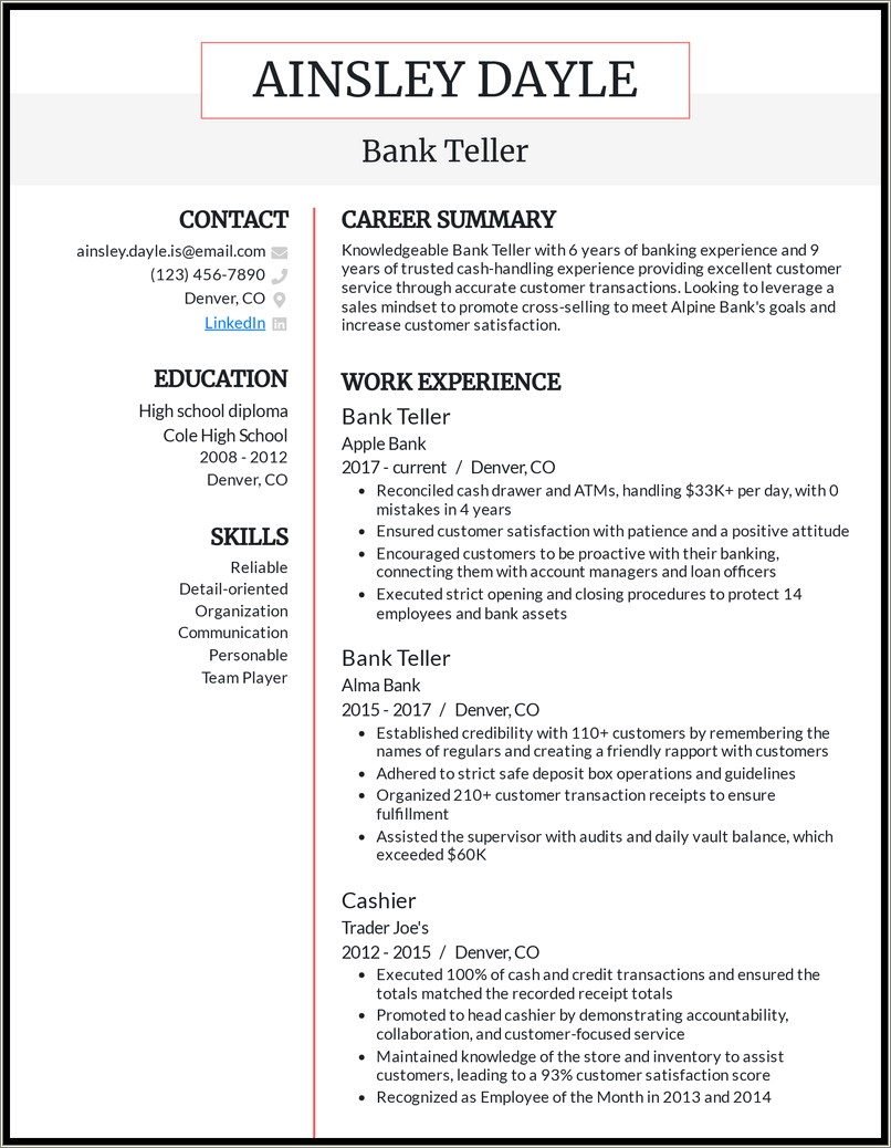 Bank Of America Teller Resume Sample