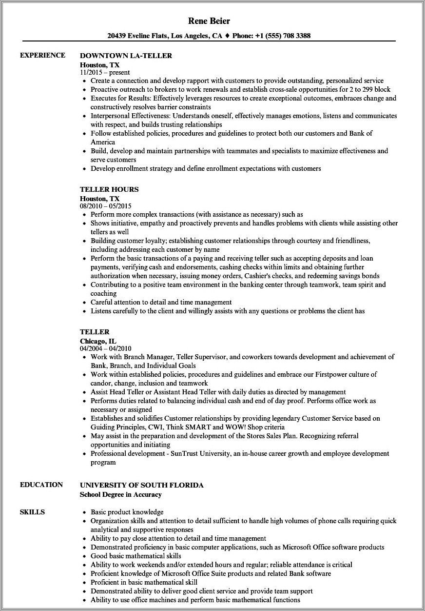 Bank Teller Resume With Cashier Experience