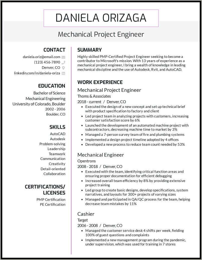 Best Resume For Mechanical Engineer In Word Format