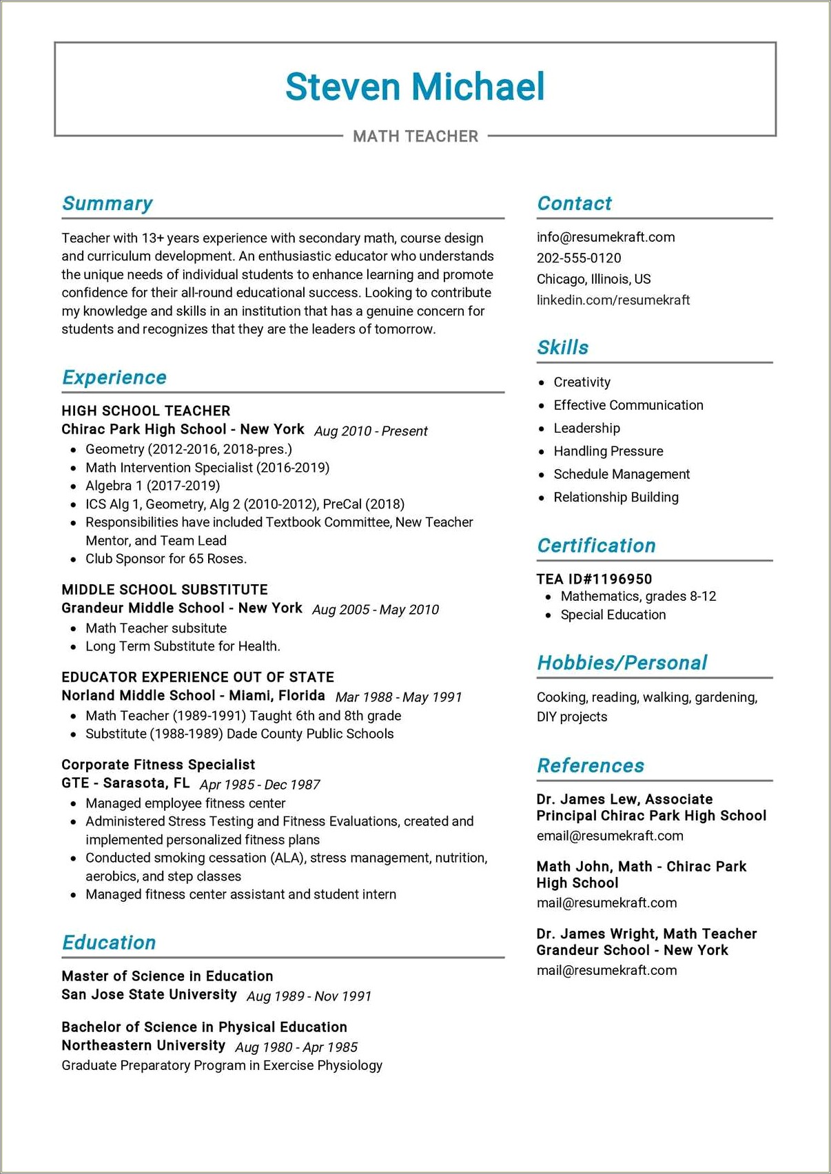 Best Resume Format For Maths Teacher