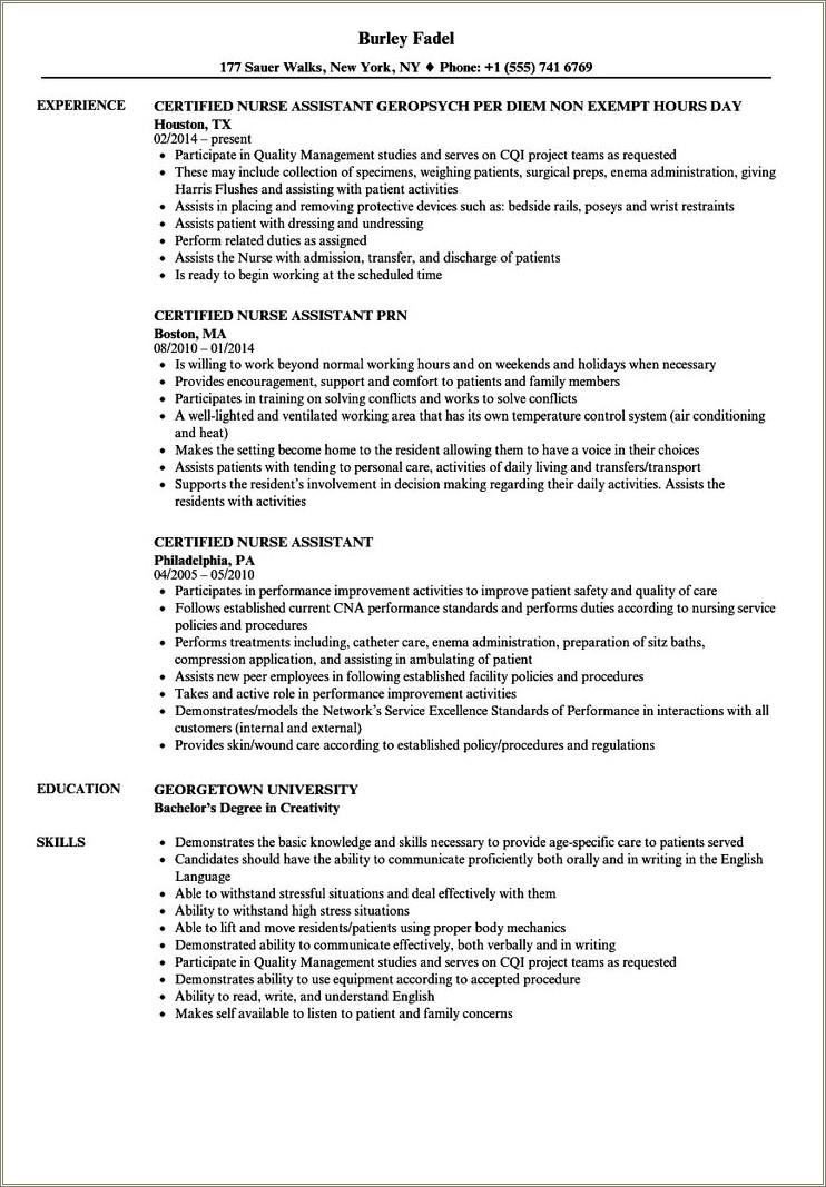 Certified Nurse Aide Job Description For Resume