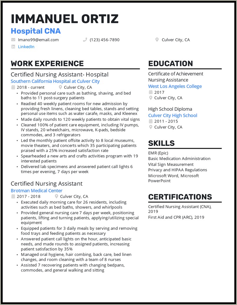 Certified Nurses Aide Job Description For Resume