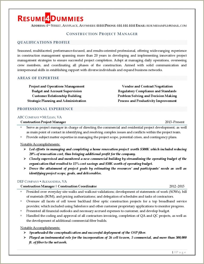 Construction Administration Construction Project Manager Resume
