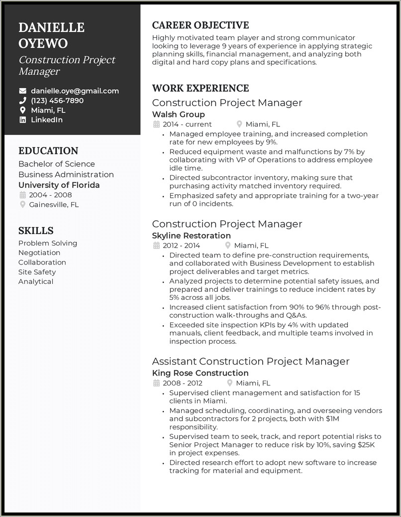 Construction Project List Template For Resume