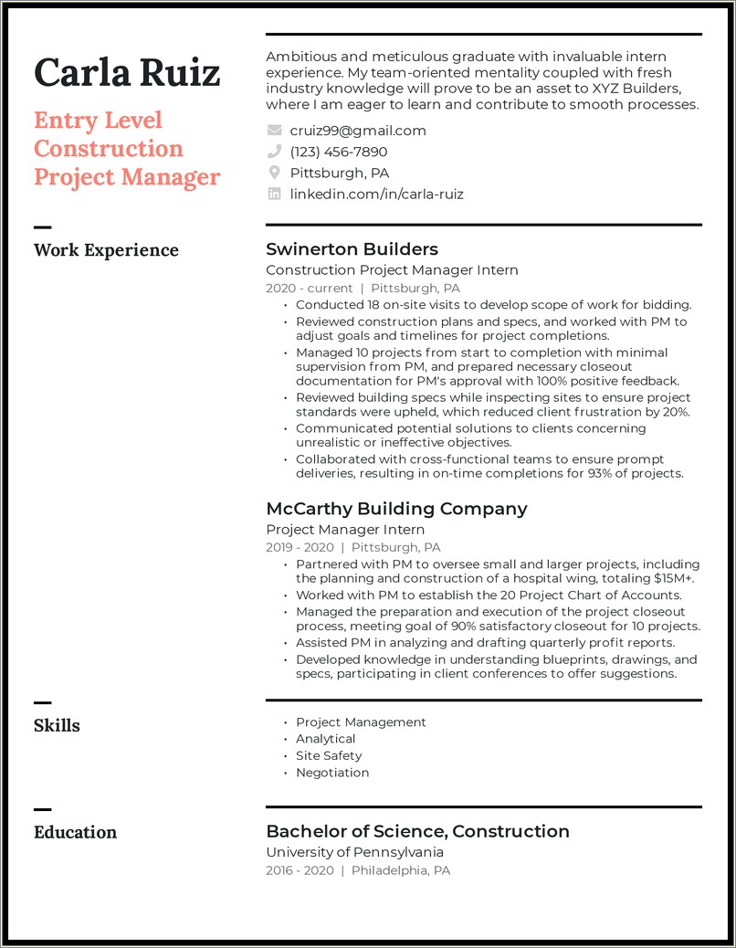 Construction Project Manager Resume Template Word