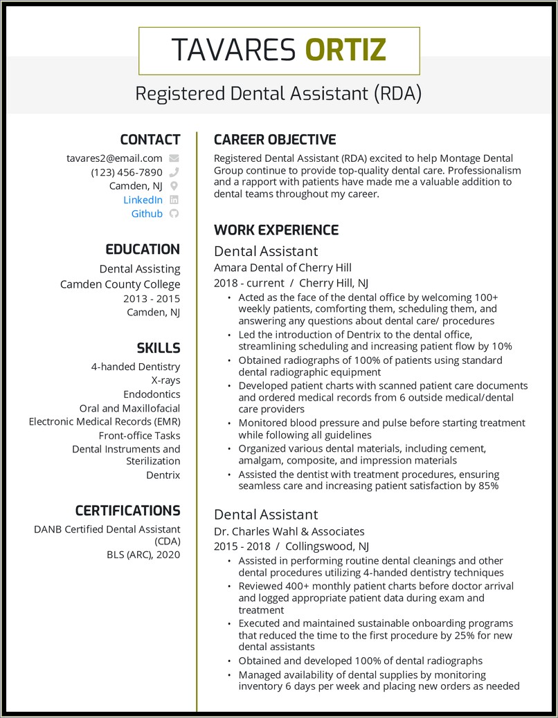 Dental Assistant Work In Clinic Description For Resume