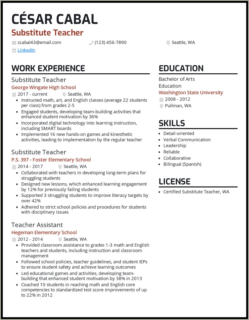 Description Of Substitute Teacher For Resume