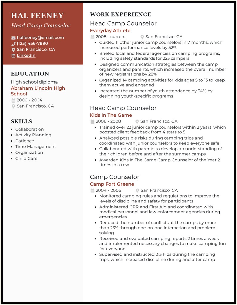 Example Description For Camp Counselor On Resume