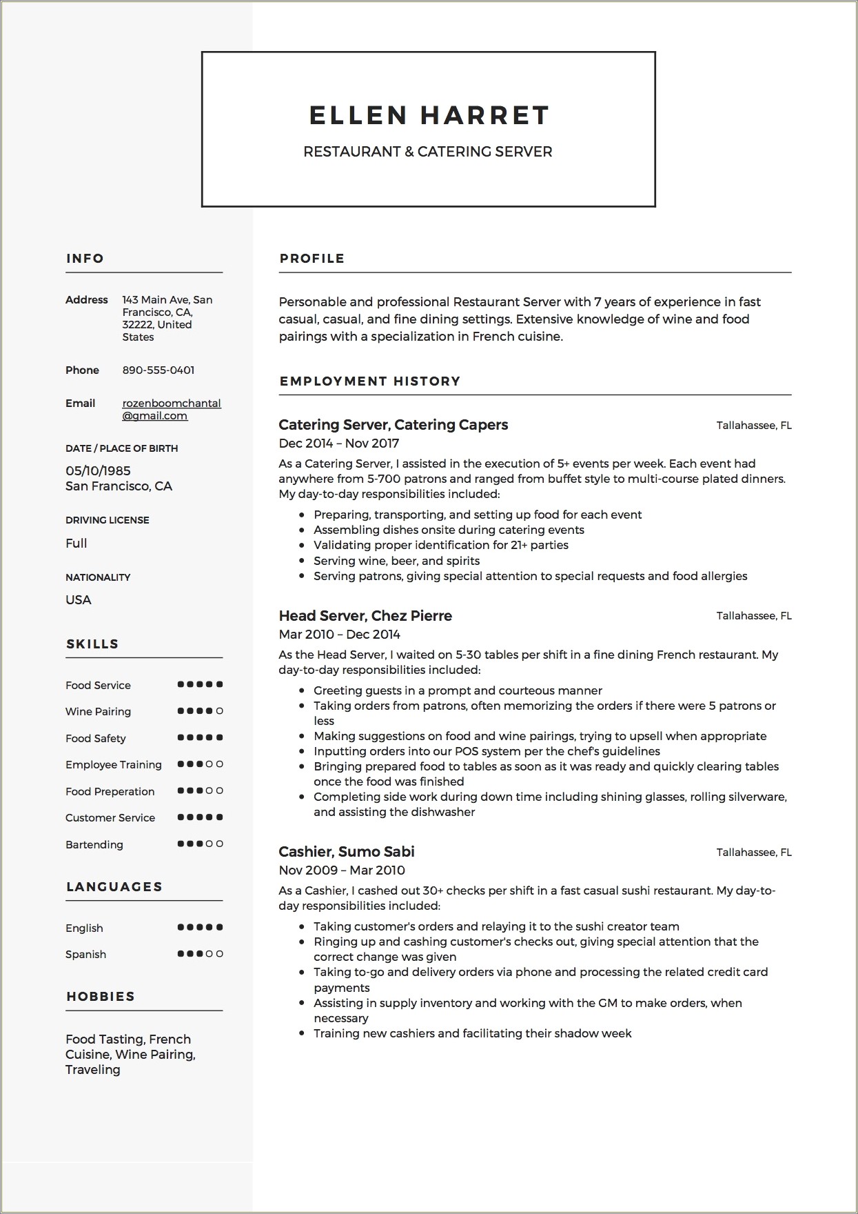 Example Of A Food Server Resume