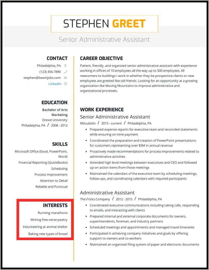 Example Of Hobbies In A Resume