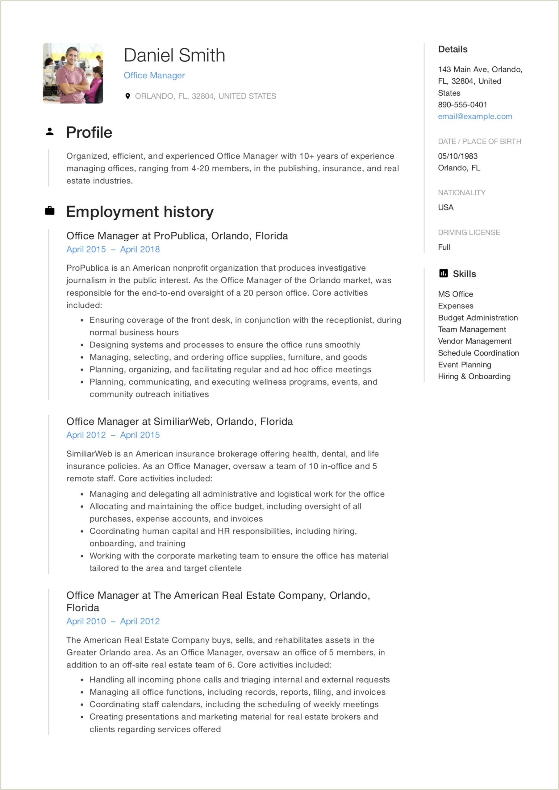 Example Of Real Estate Office Manager Resume