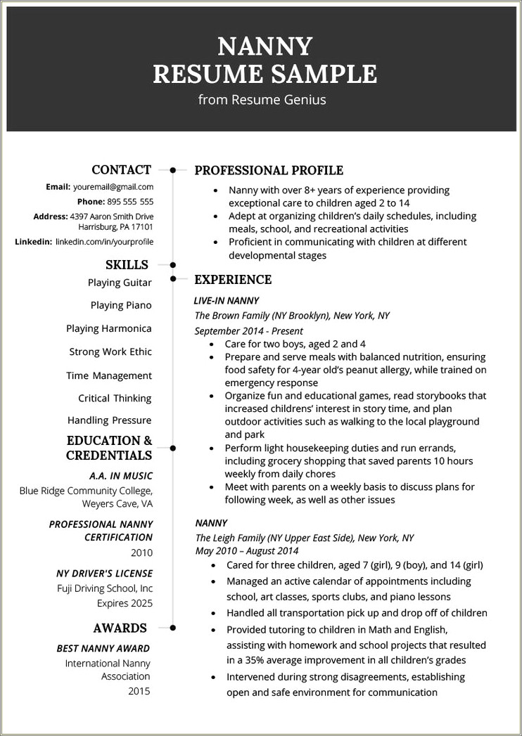 Examples Of Personal Profiles On Resumes For Nanny