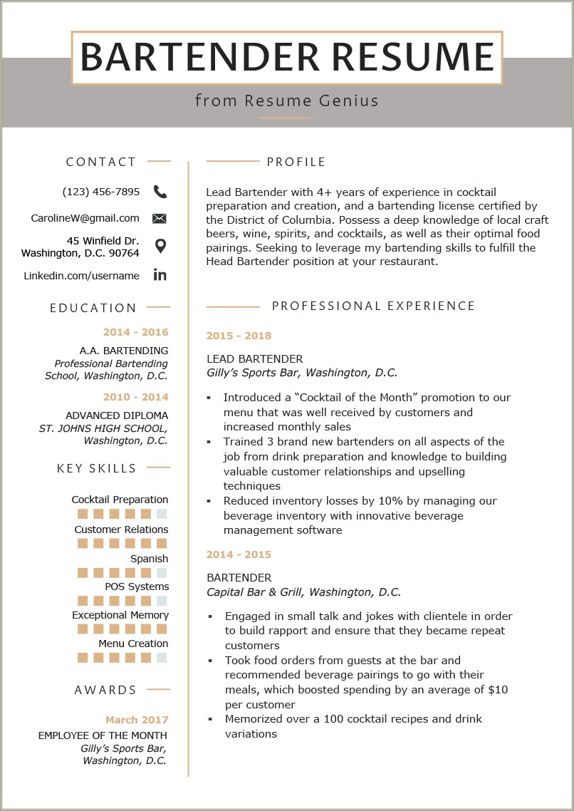 Free Bartender Resume Template With Picture