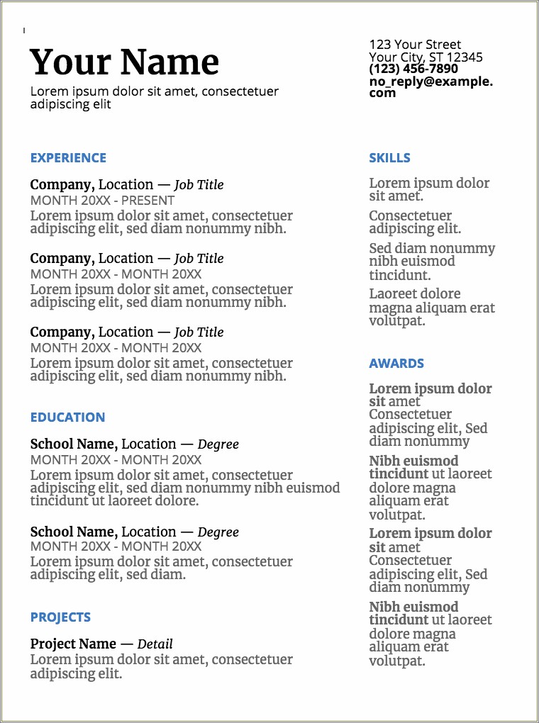 Free One Page Resume Template Google Docs