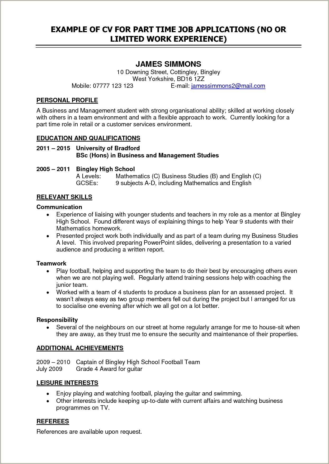 Full Time Student Experience In Resume