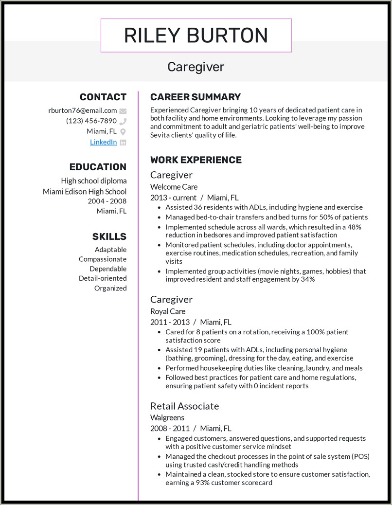 In Home Caregiver Job Description For Resume