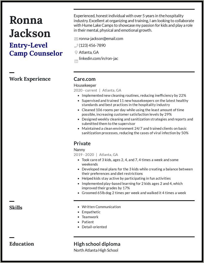 Job Description Of A Camp Counselor For Resume