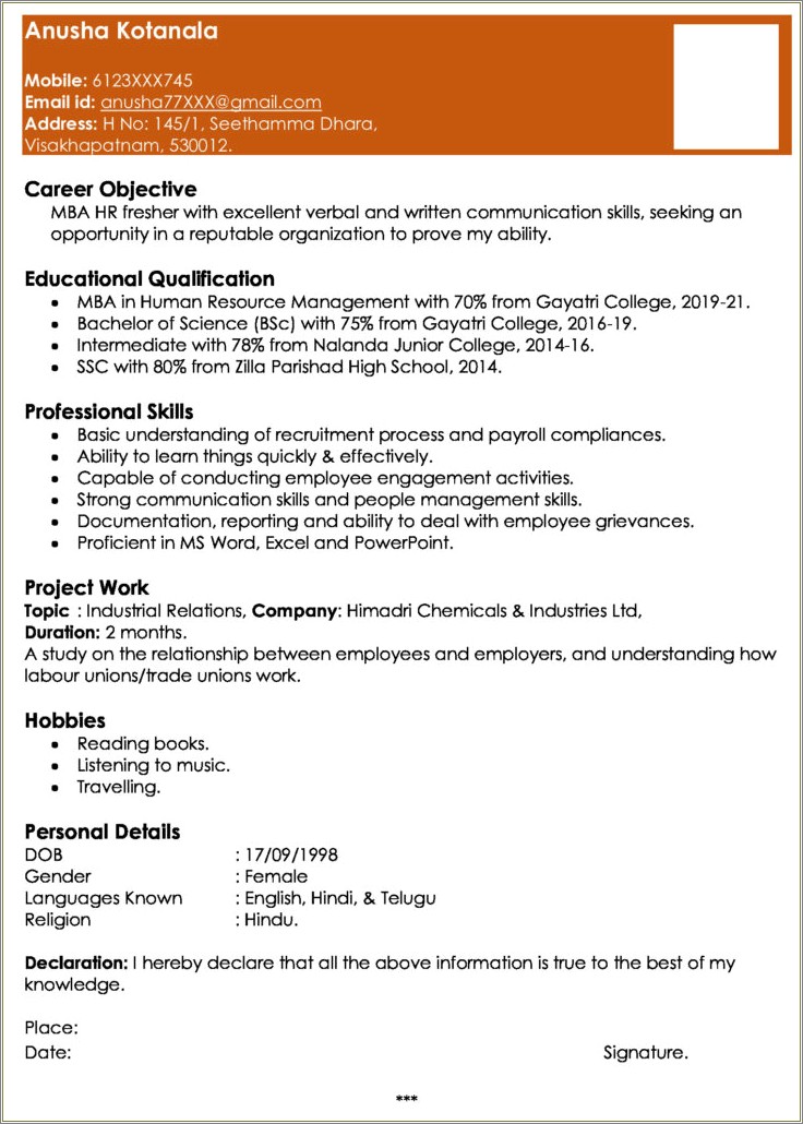 Mba Hr Fresher Resume Free Download