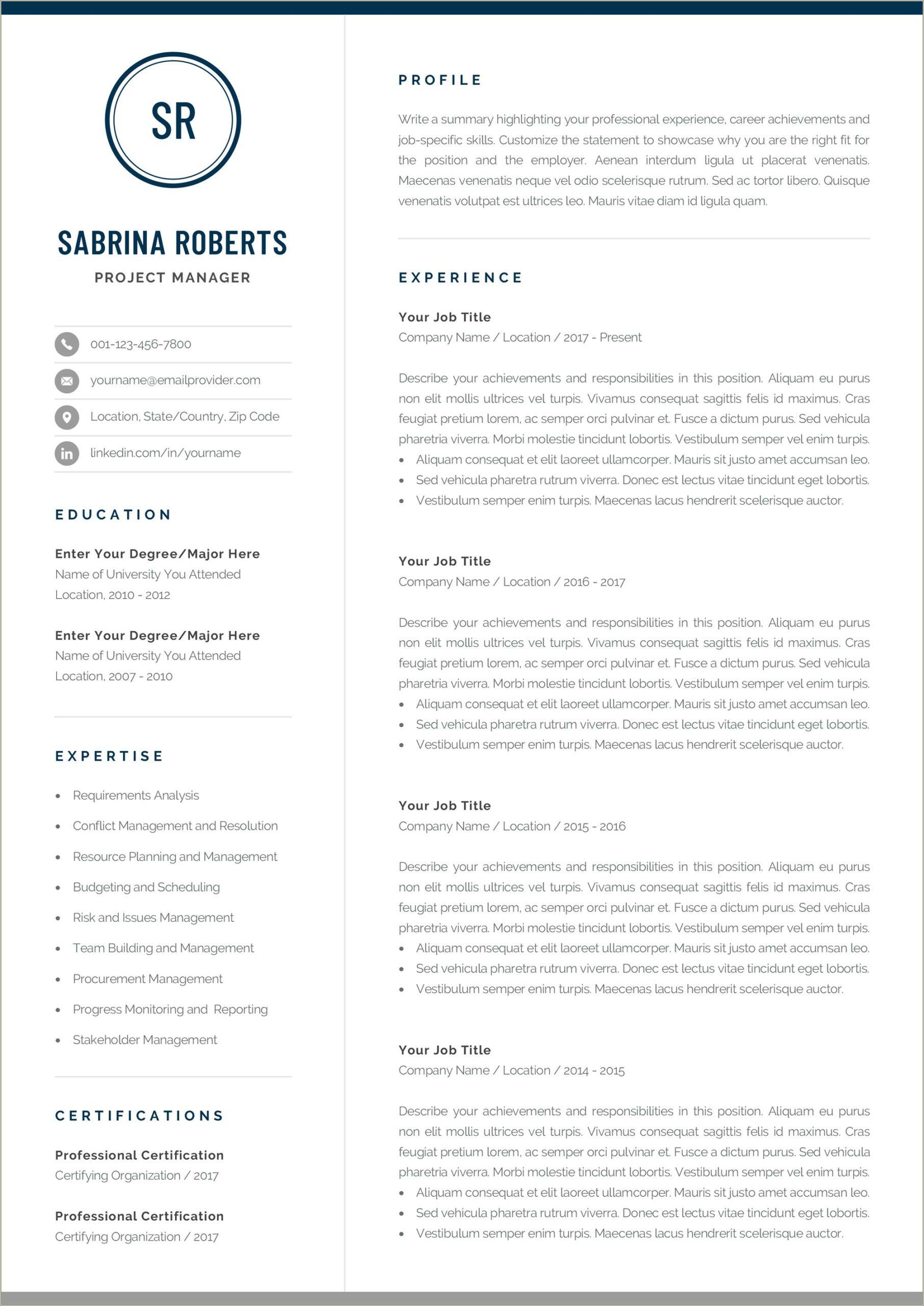 One Page Resume With Picture Template Word