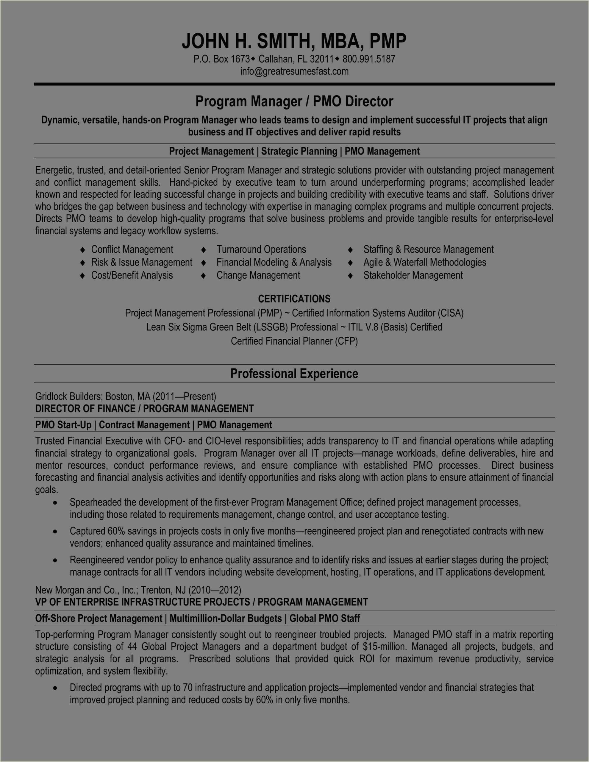 Professional Resume For A Program Manager