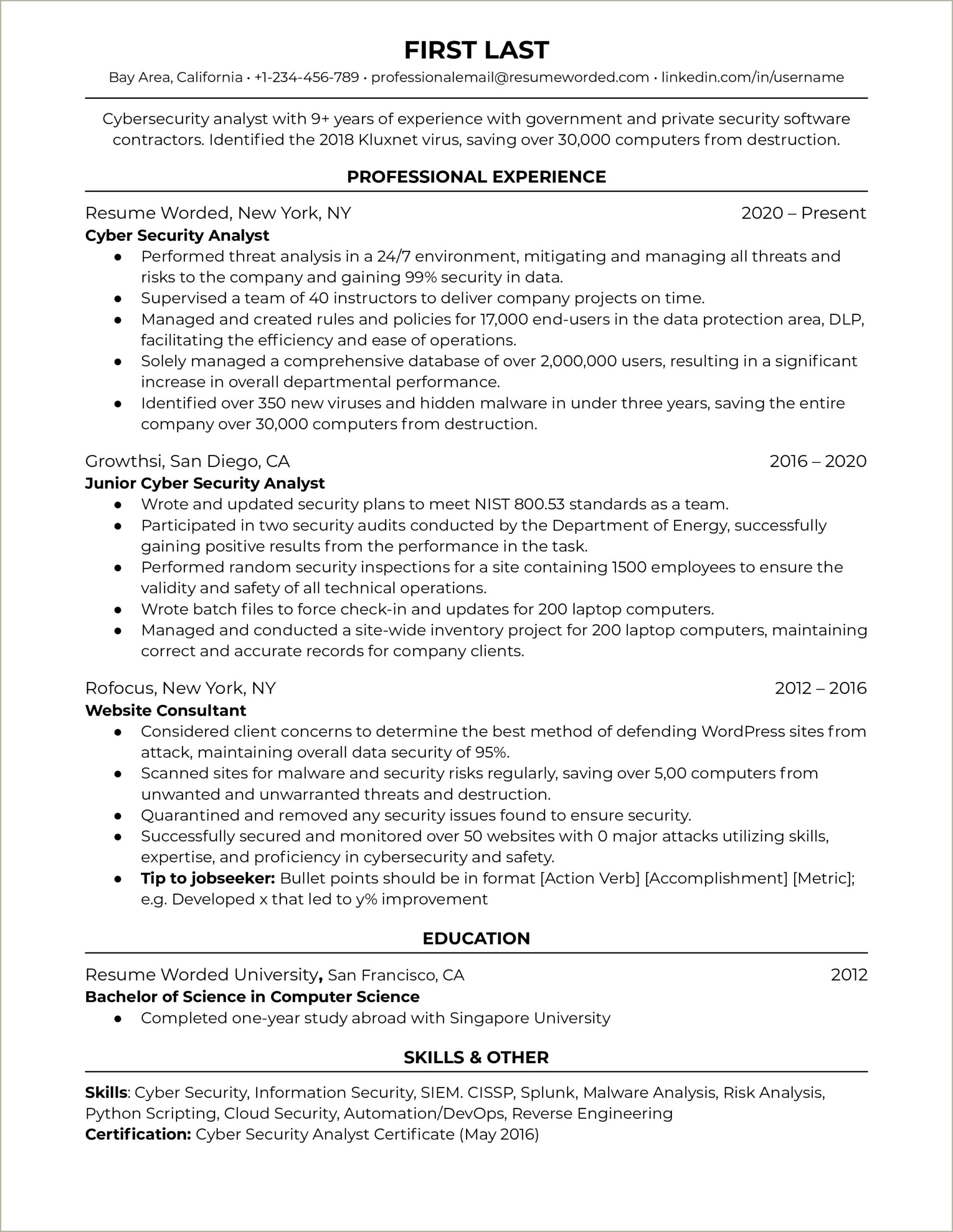 Profile Summary For Network Security Resume