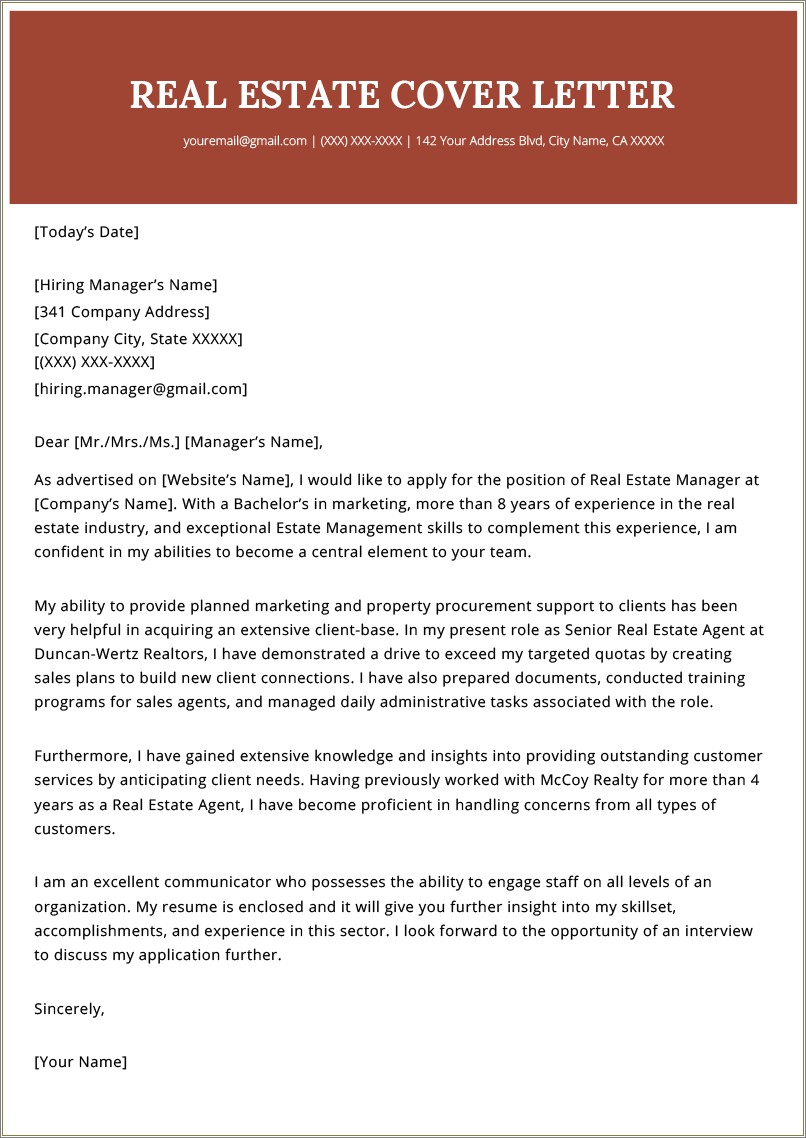 Real Estate Agent Cover Letter And Resume