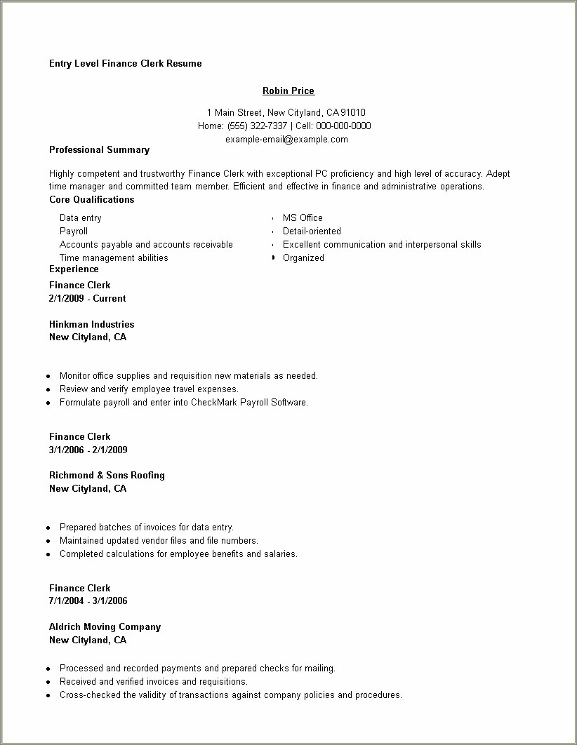 Resume Description For A Finance Clerk
