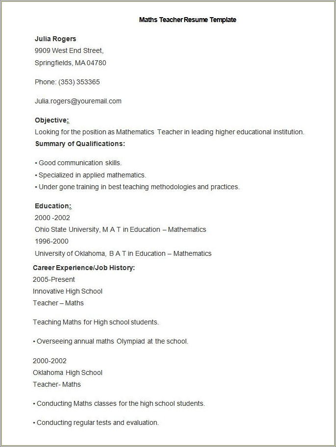 Resume Format For High School Math Teacher