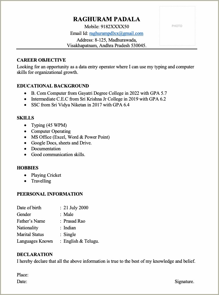 Resume Not Fresher And No Experience