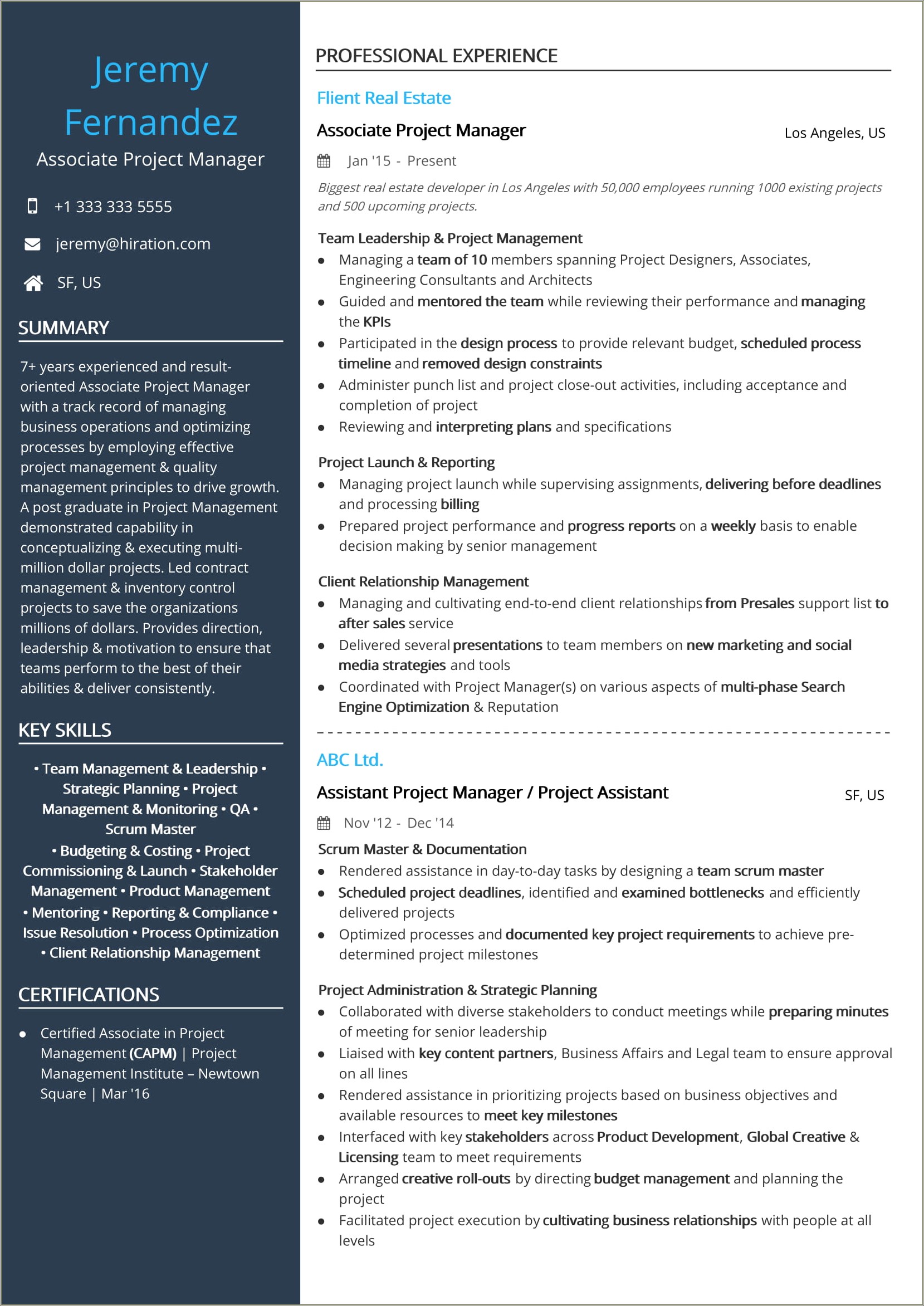 Resume Sample Real Estate Project Manager