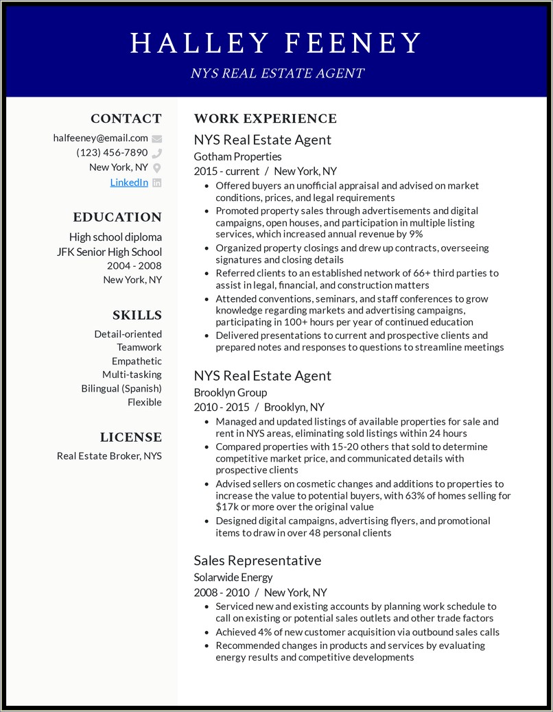 Sample Real Estate Resume No Experience