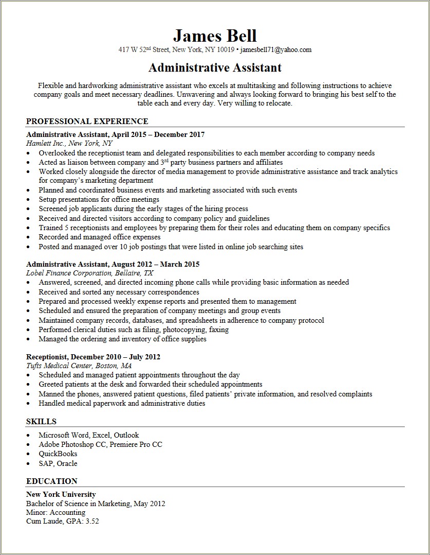Sample Resume For Admin Assistant Job