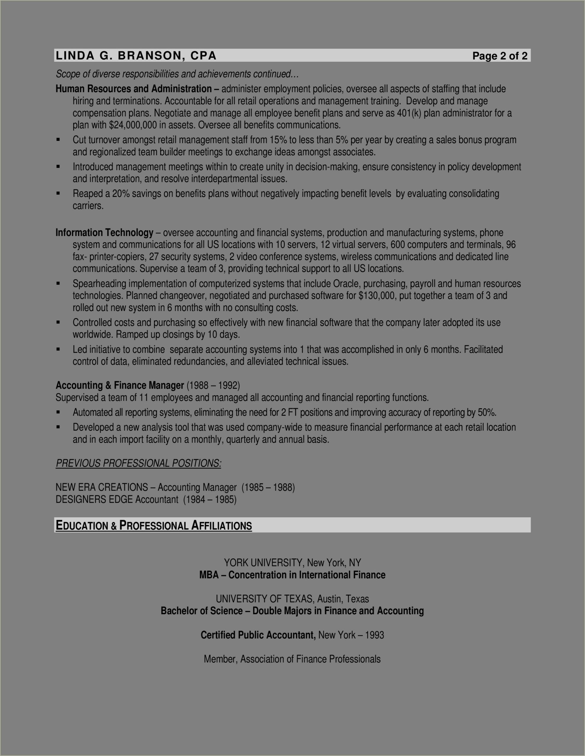 Chief Finance Officer Resume Sample
