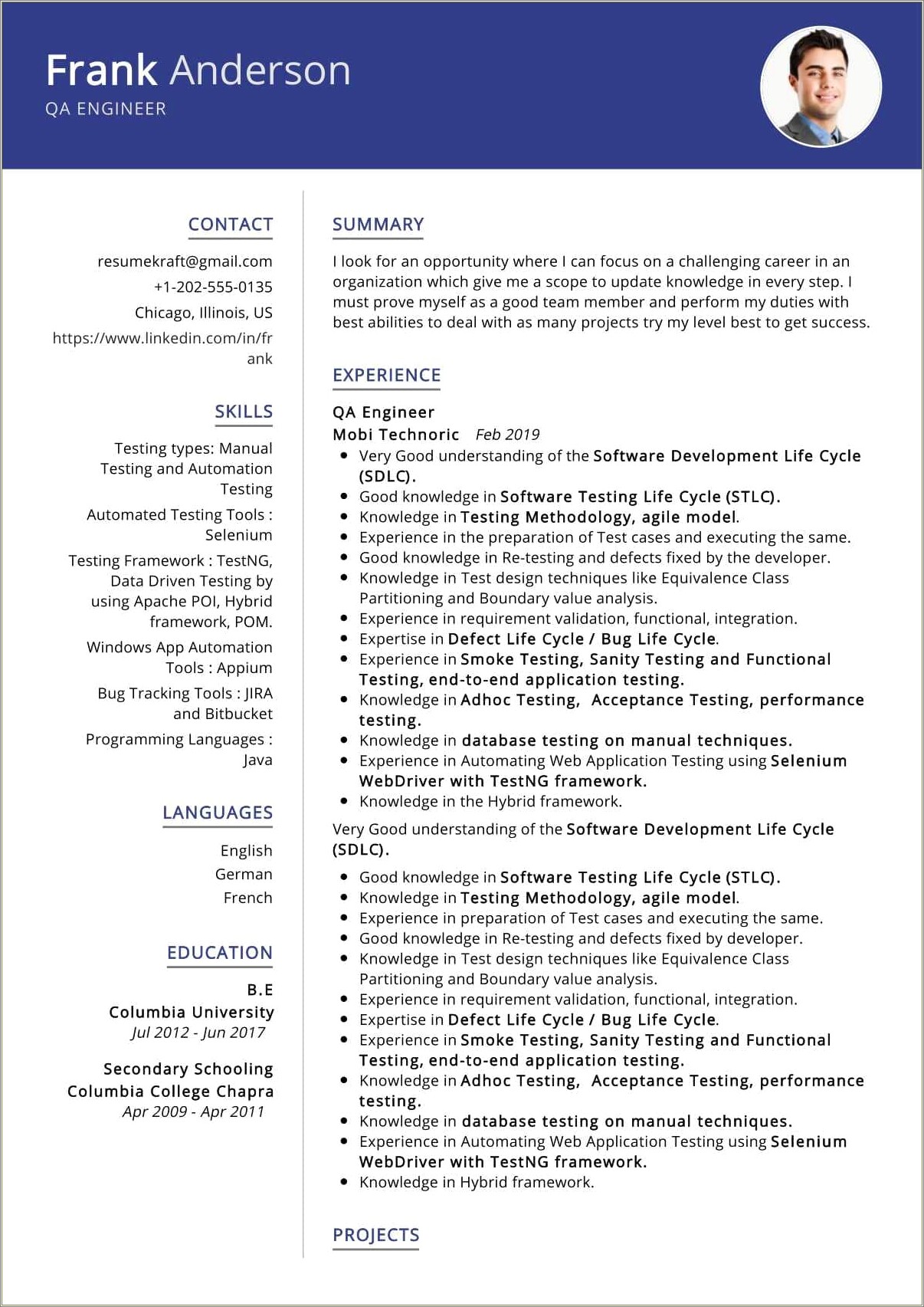 Qa Engineer Job Description Resume
