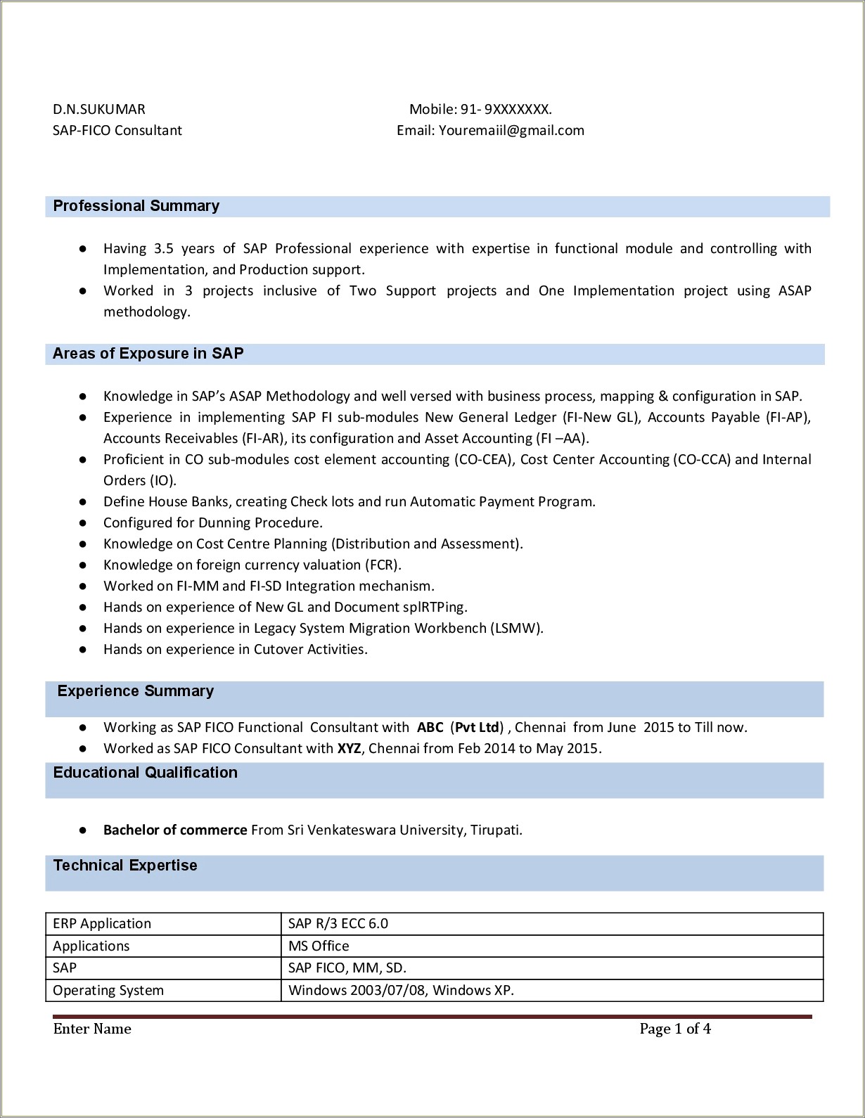 Sap Fico End User Resume Sample For Experience