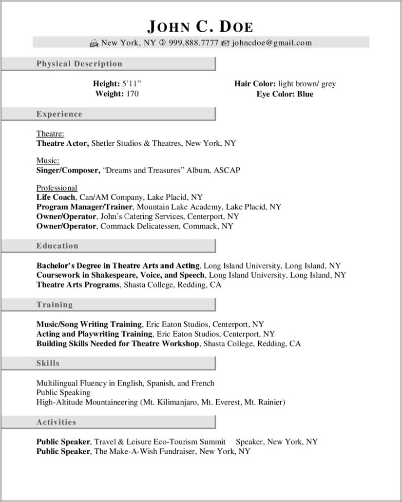 Special Skills For Musical Theatre Resume