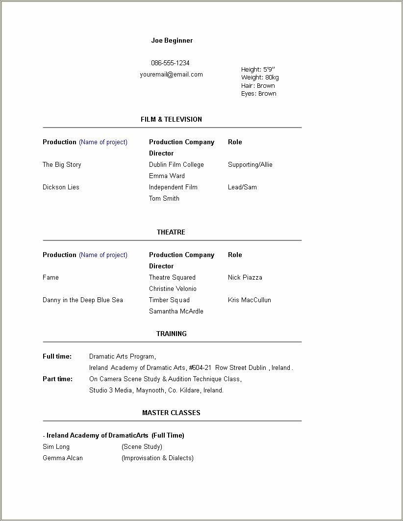 Theater Resume With Photo Template Microsoft Word