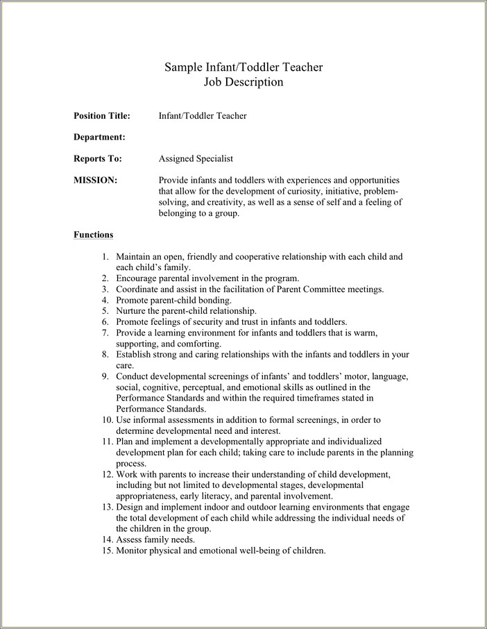 Toddler Teacher Job Description For Resume